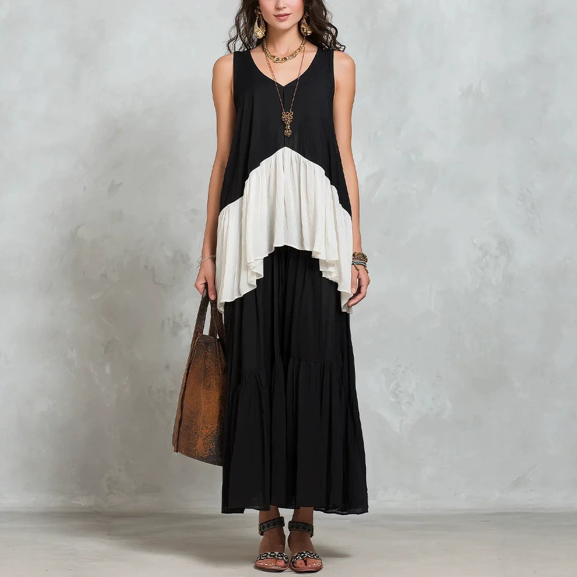 Retro Color-Block V-Neck Sleeveless Top and Flared Maxi Skirt Two-Piece Set