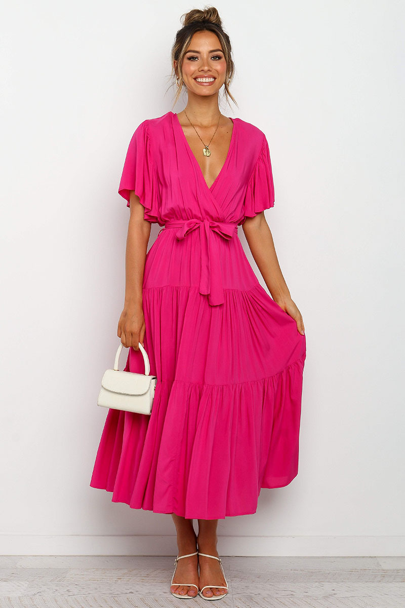 V-Neck Printed Short Sleeve High Waist A-Line Maxi Dress