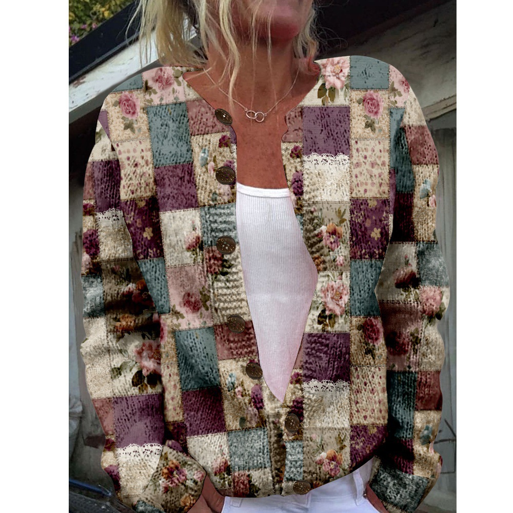 Women's Plaid Floral Print Button-Down Cardigan Sweater