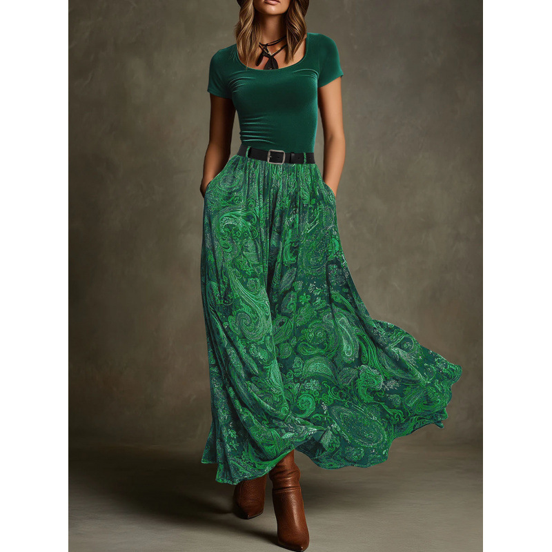 TUME Vintage Velvet Paisley Patchwork Dress with Belt