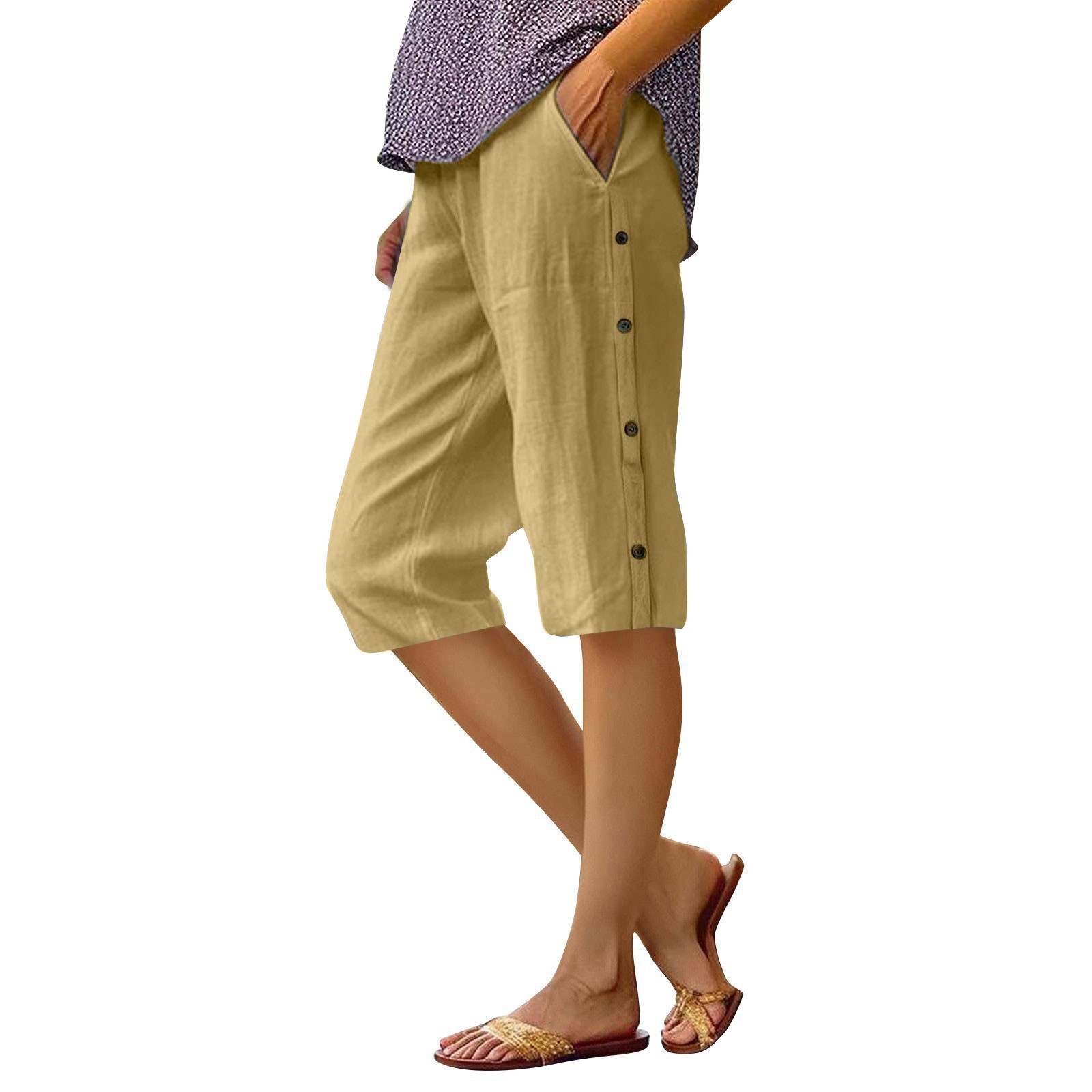 Cotton-Linen Cropped Pants with Side Button Detail and Pockets