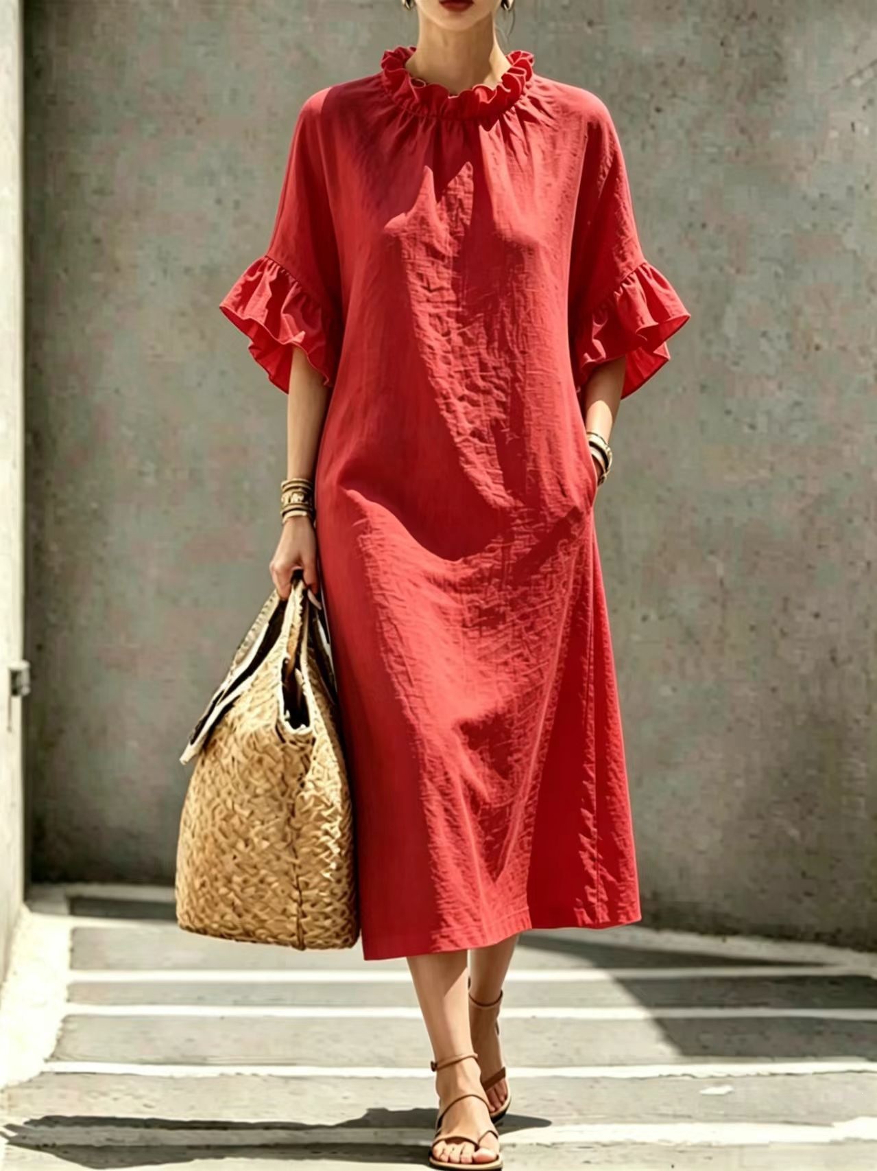 Women's Casual Midi Dress with Ruffle Trim and Geometric Print