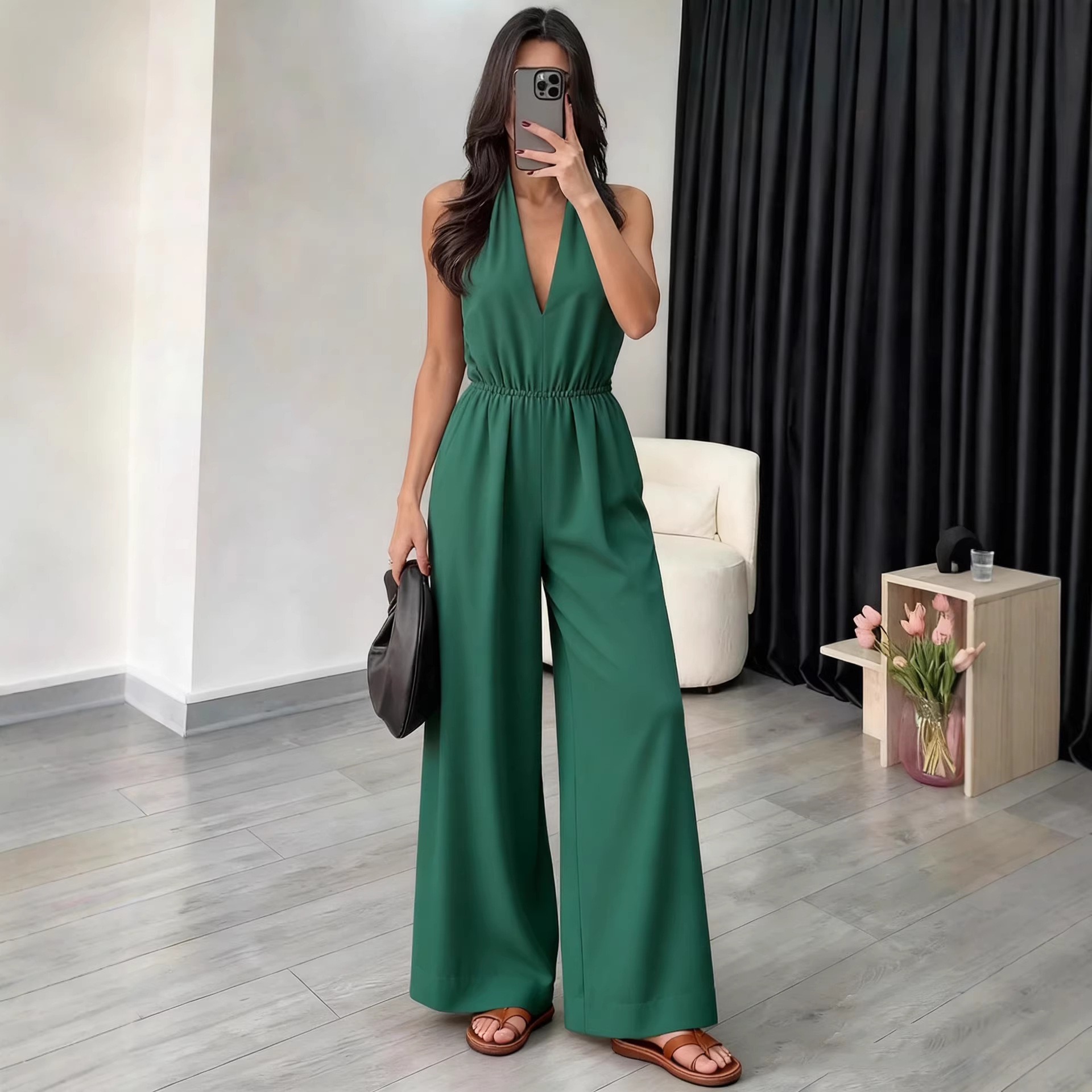 Women's V-Neck Halter Sleeveless Jumpsuit Solid Color Wide-Leg