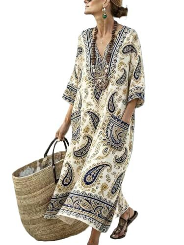 Women's Boho V-Neck A-Line Midi Dress with 3D Print