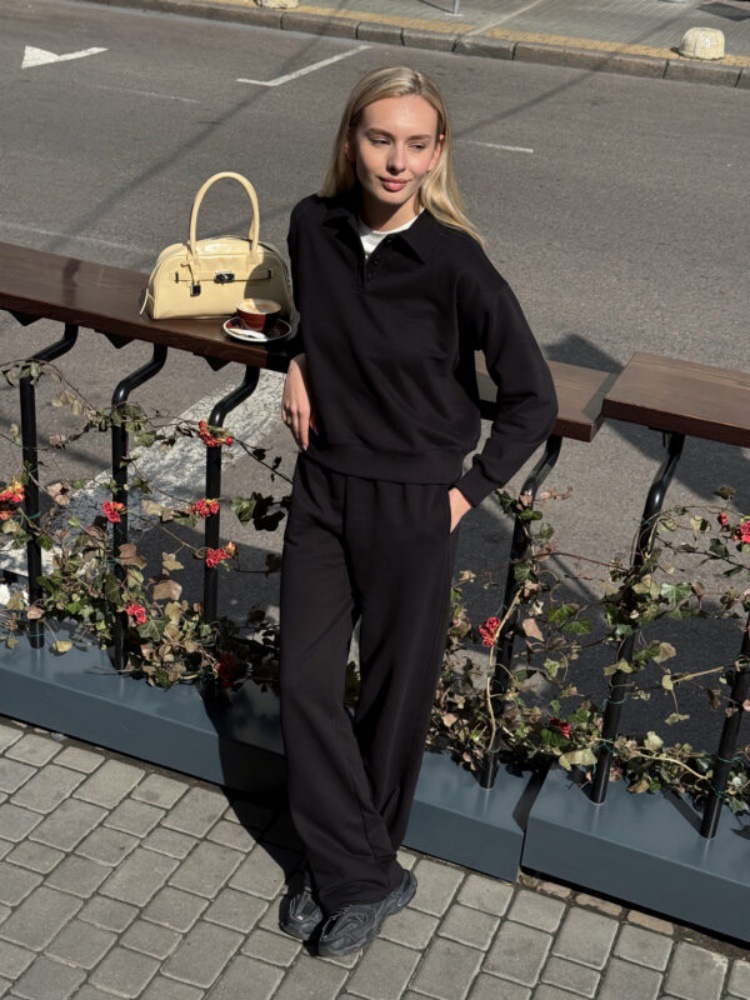 Women's Solid Color Button Hoodie and Pants Two-Piece Set with Collar