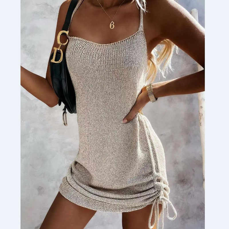 Women's Sleeveless Spaghetti Strap Drawstring Backless Bodycon Dress