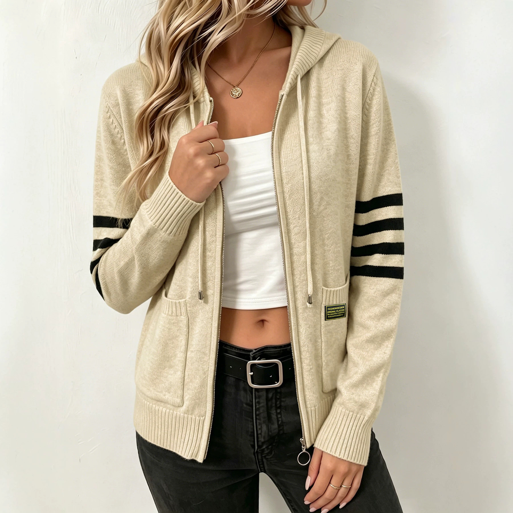 Women's Zip-Up Knit Hooded Cardigan with Pockets