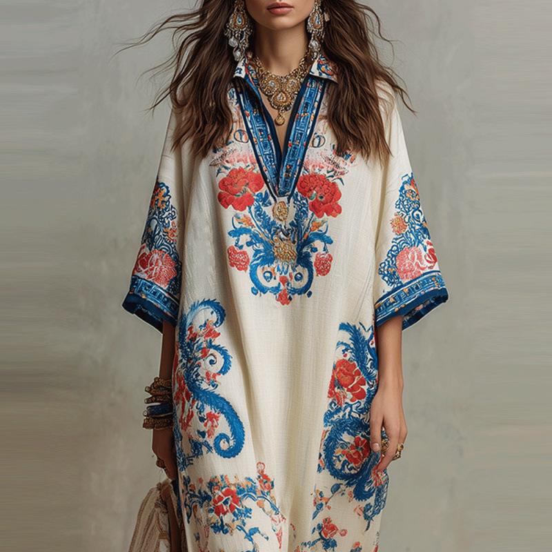 Floral Print V-Neck Kaftan Maxi Dress with Slit and Flared Hem