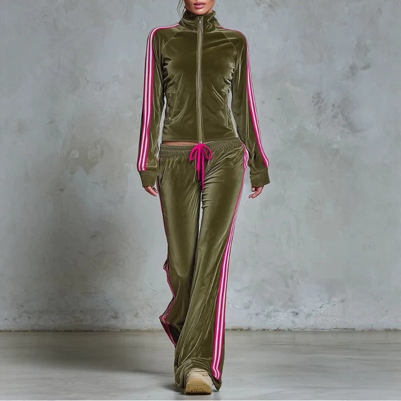 Women's Velvet Tracksuit Set High Neck Zip Jacket & Wide Leg Pants 2-Piece