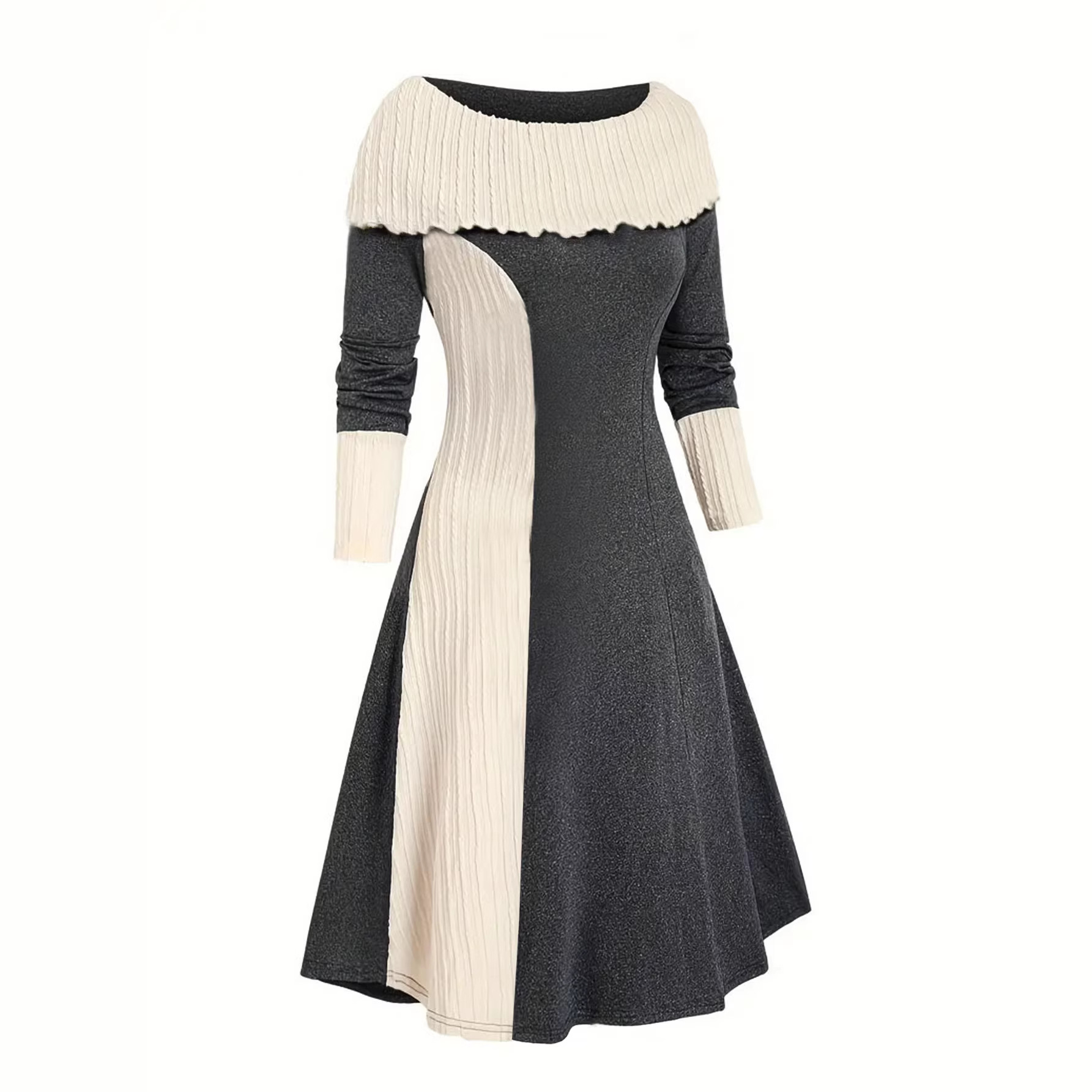 Elegant Color-Block Knit Dress with Fold-Over Neckline and Long Sleeves
