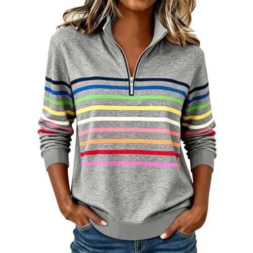 Colorful Striped Print Half-Zip Hoodie for Women