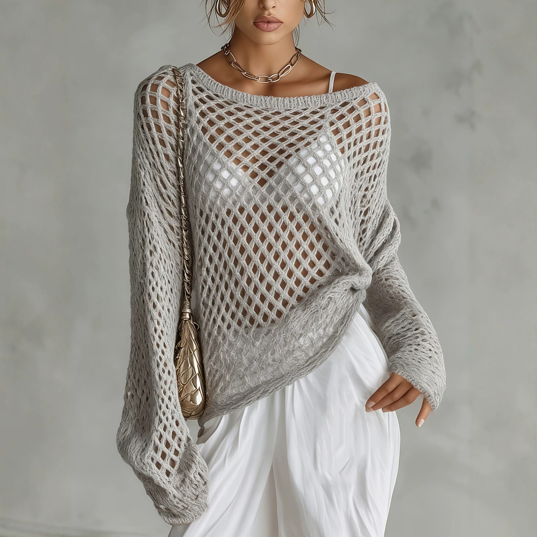 Long Sleeve Sheer Open Knit Beach Cover-Up