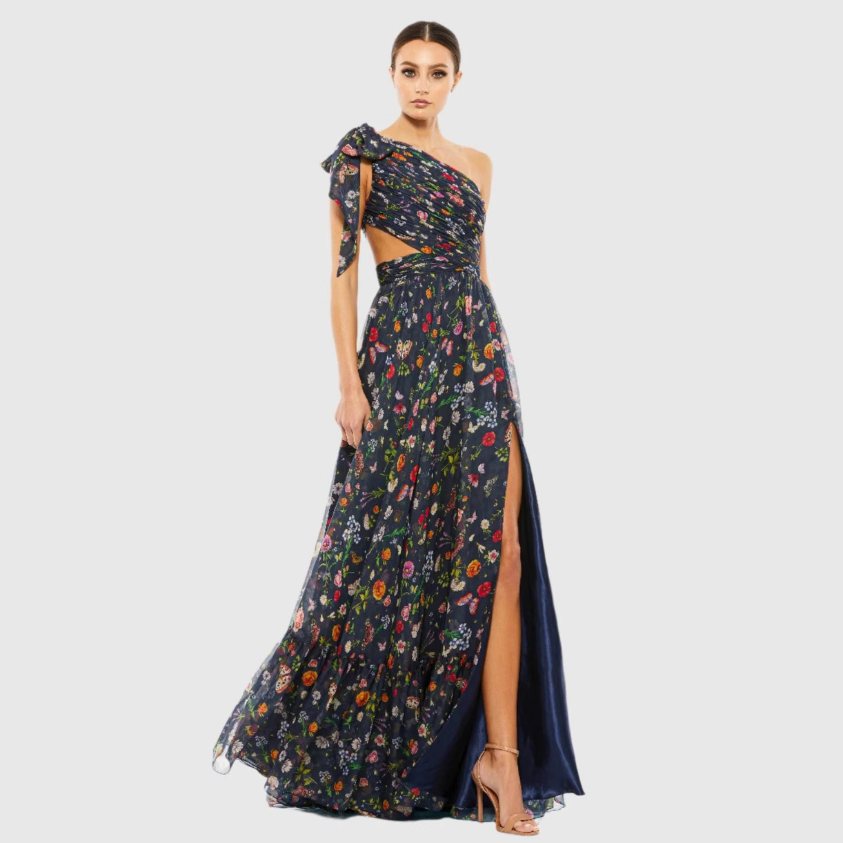 Women's One-Shoulder Asymmetric Midi Dress with Lining and Mesh Digital Print