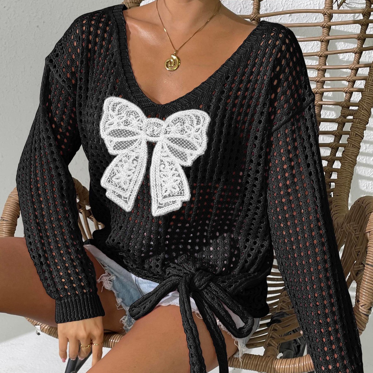 Women's Open-Knit Butterfly Pullover Sweater with Tie Detail