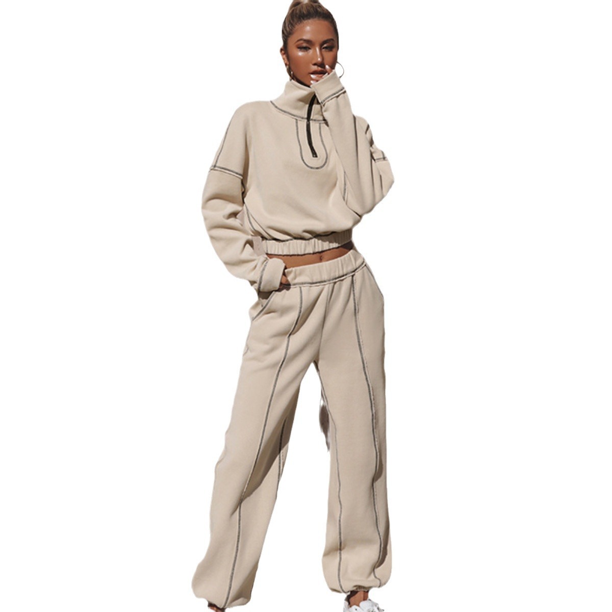 Women's Casual Sportswear Two-Piece Sweatsuit Set Solid Color Long Sleeve Long Pants
