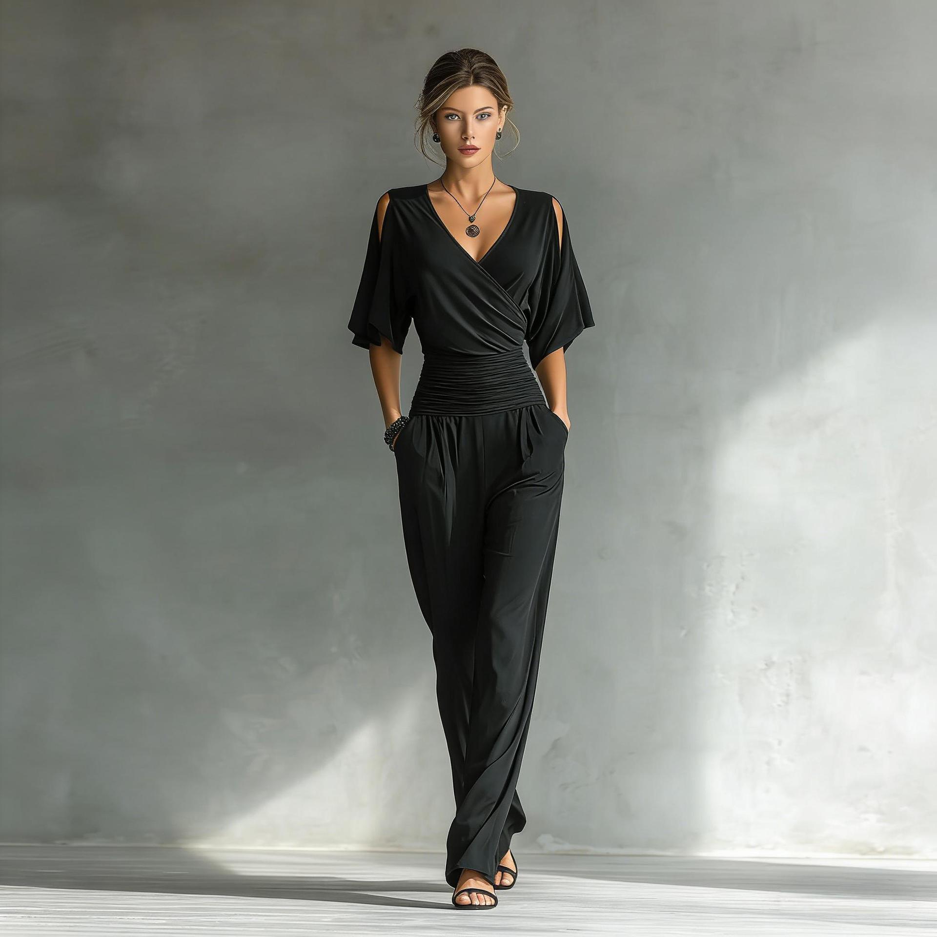 Women's Cold-Shoulder V-Neck Slim Jumpsuit