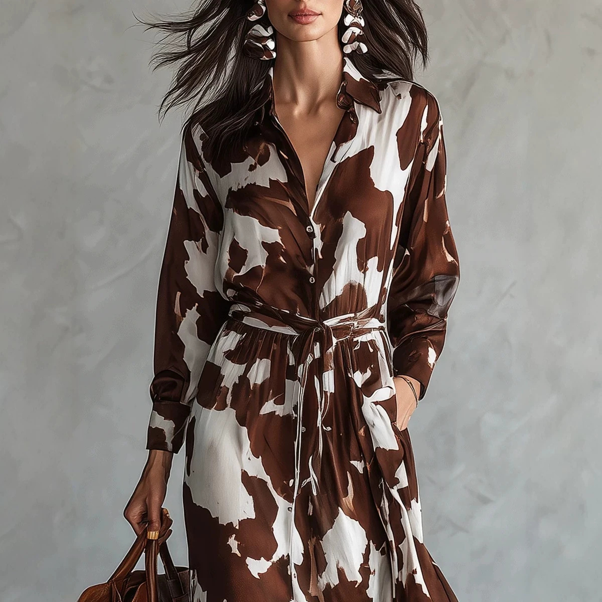 Brown Cow Print Long Sleeve V-Neck High Waist Maxi Dress