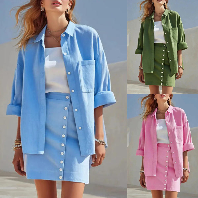 Women's Collared Long Sleeve Shirt and Button Skirt Linen-Blend Two-Piece Set