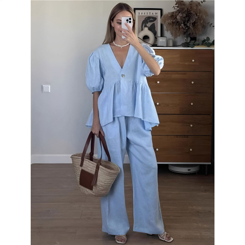 Women's Plus Size V-Neck Puff Sleeve Long Pants Set