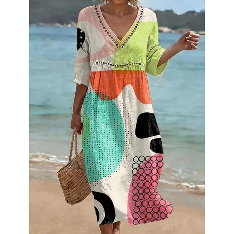Women's Floral Print Pleated Midi Dress with Deep V-Neck and 3D Effect