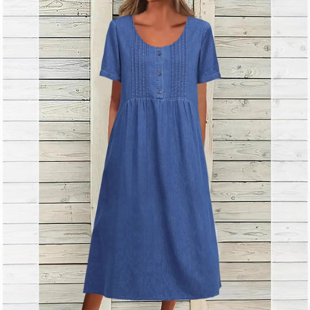Women's U-Neck Midi Denim Dress Short Sleeve Elegant