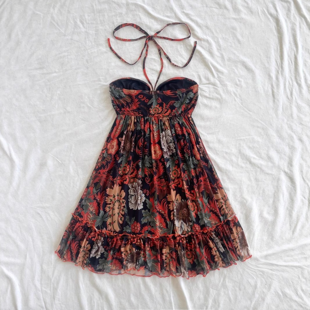 Women's Floral Print Halter A-Line Midi Dress with Ruffle Hem