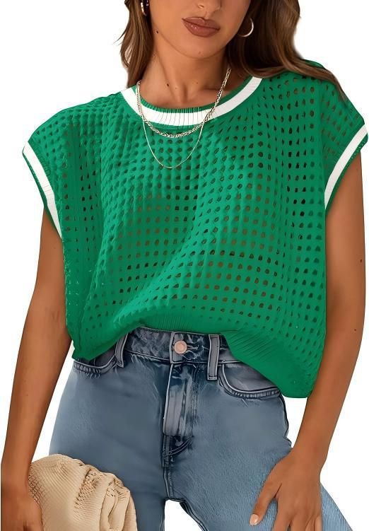 Crochet Cap Sleeve Knit Top Round Neck Pullover Beach Cover-Up
