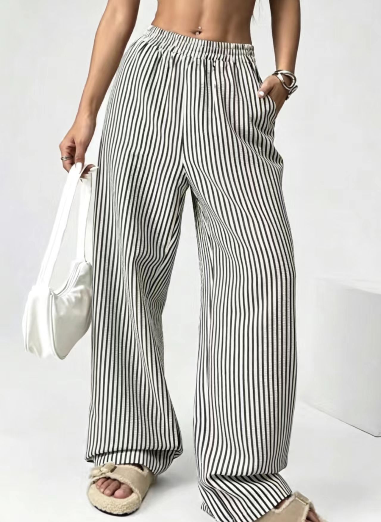 Striped Relaxed Elastic Waist Straight-Leg Pants with Pockets