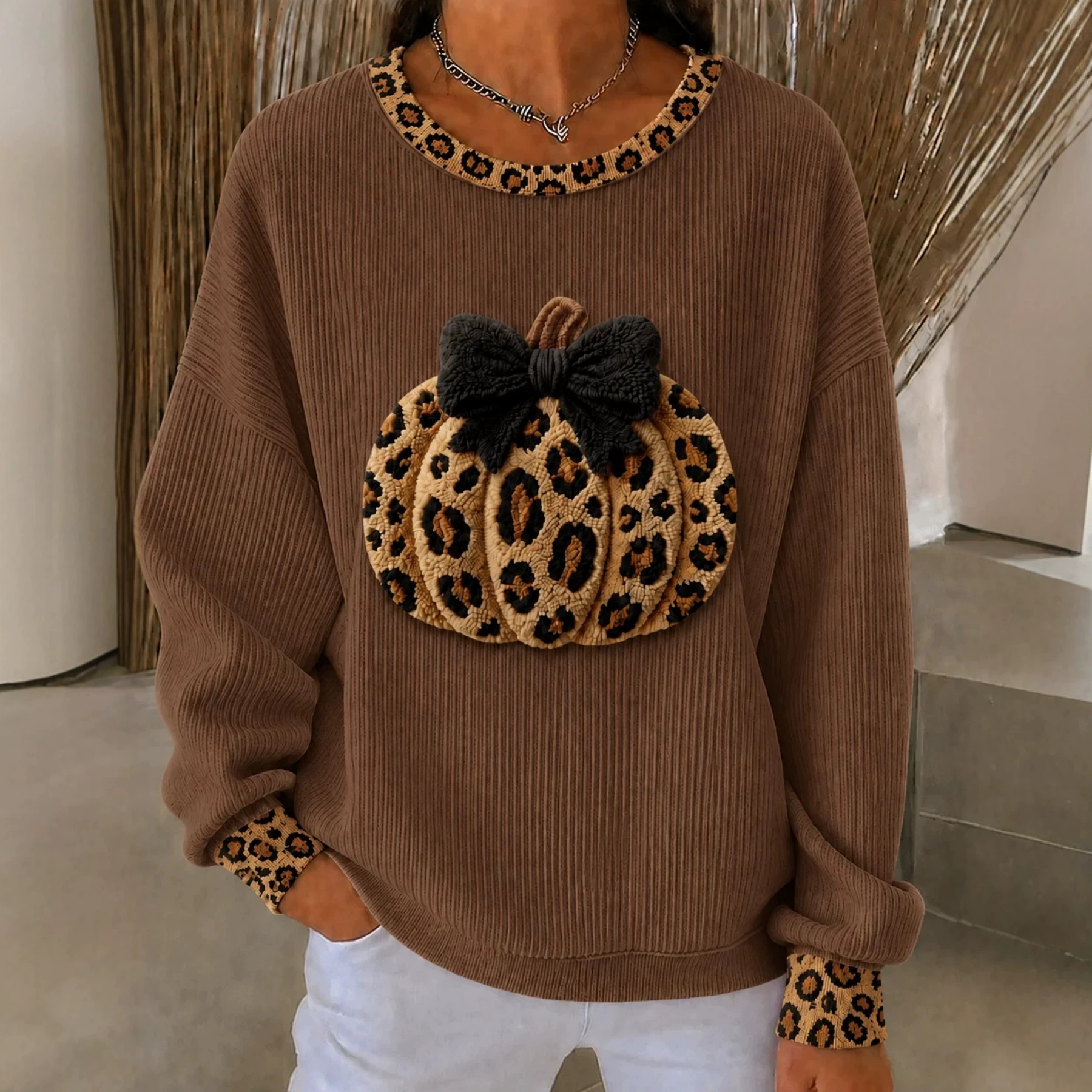 Pumpkin Leopard Bow Print Crewneck Long-Sleeve Women's Sweatshirt