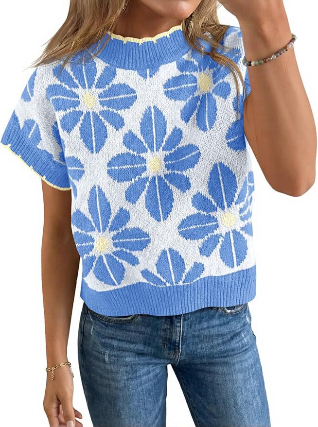 Women's Floral Knit Short Sleeve Sweater Vintage Crew Neck Loose Summer Pullover