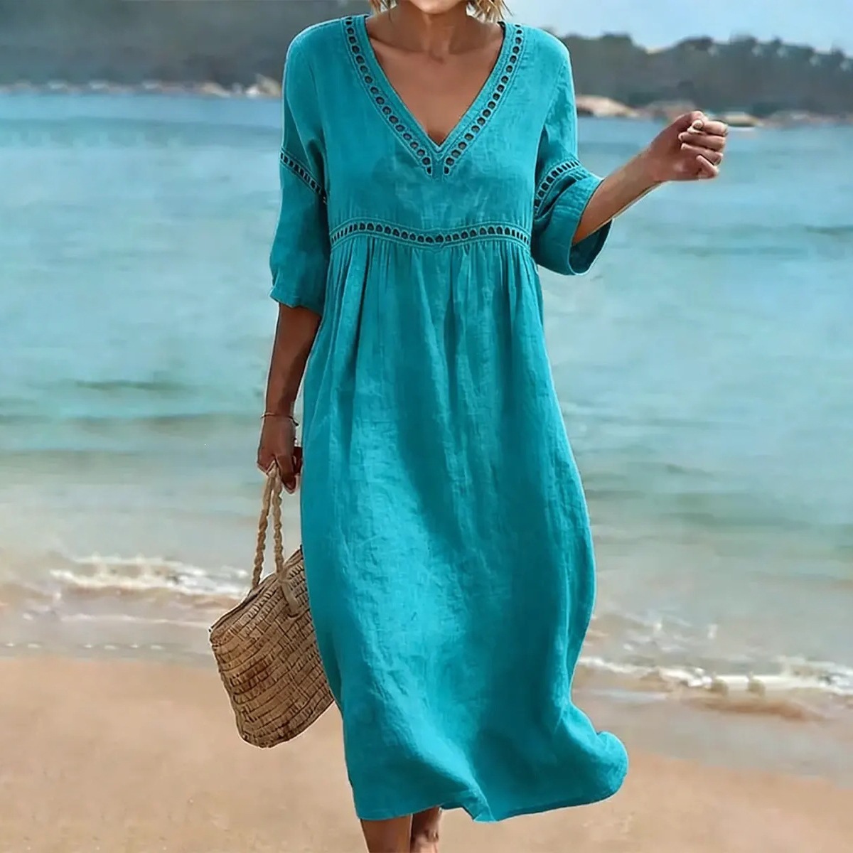 Women's Summer Beach Vacation V-Neck Solid Color Loose Long Dress