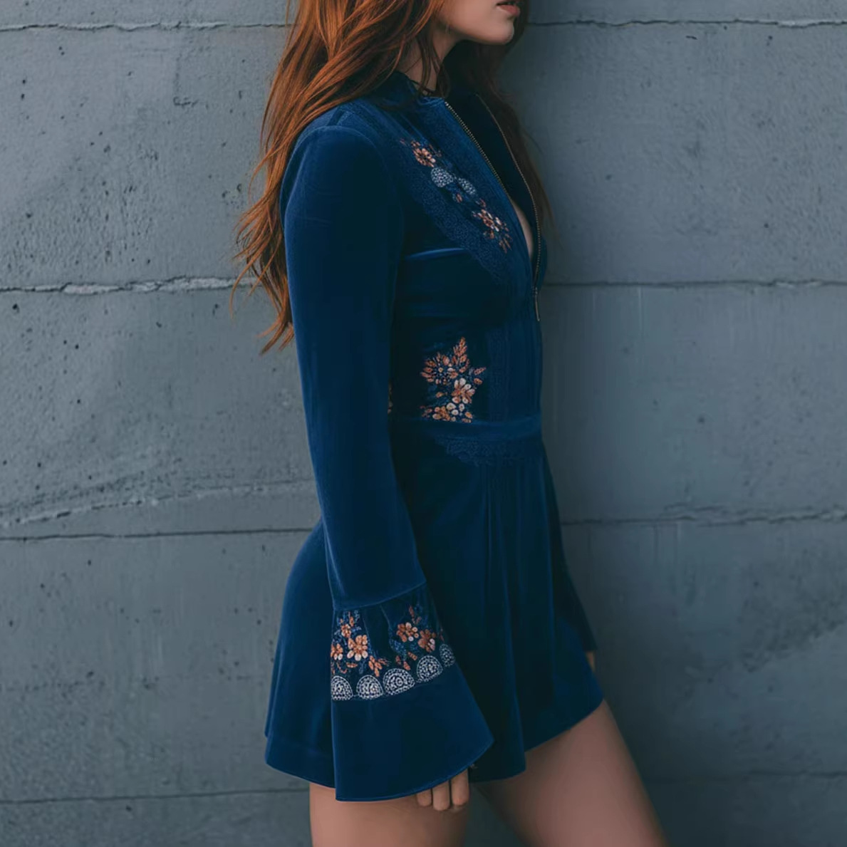 Blue Embroidered V-Neck Long Sleeve Lace Panel Mini Dress