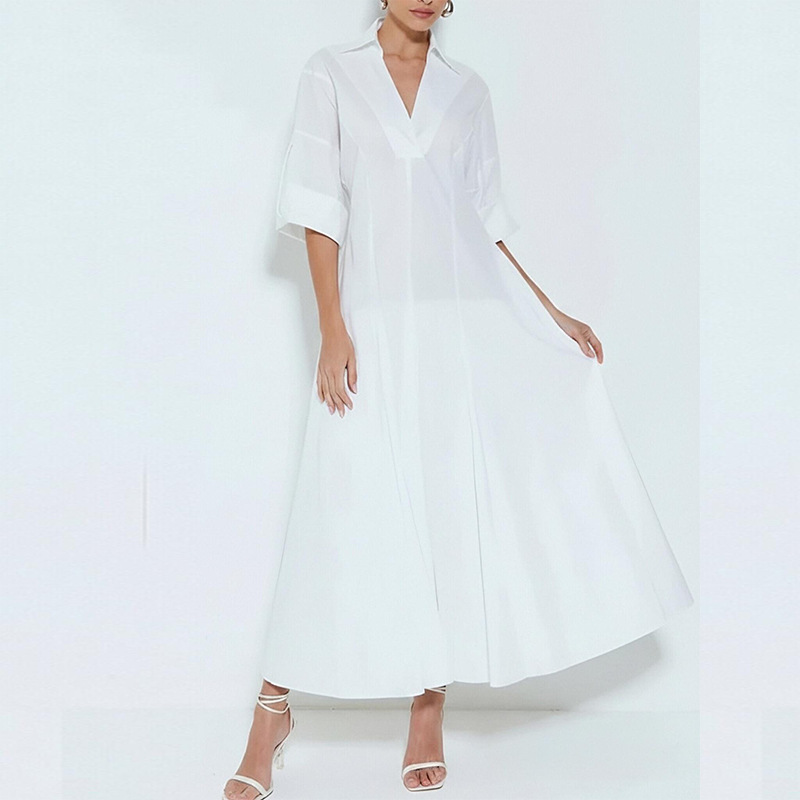 Women's Summer Long Dress Solid Color Waist-Cinched Pleated Collared