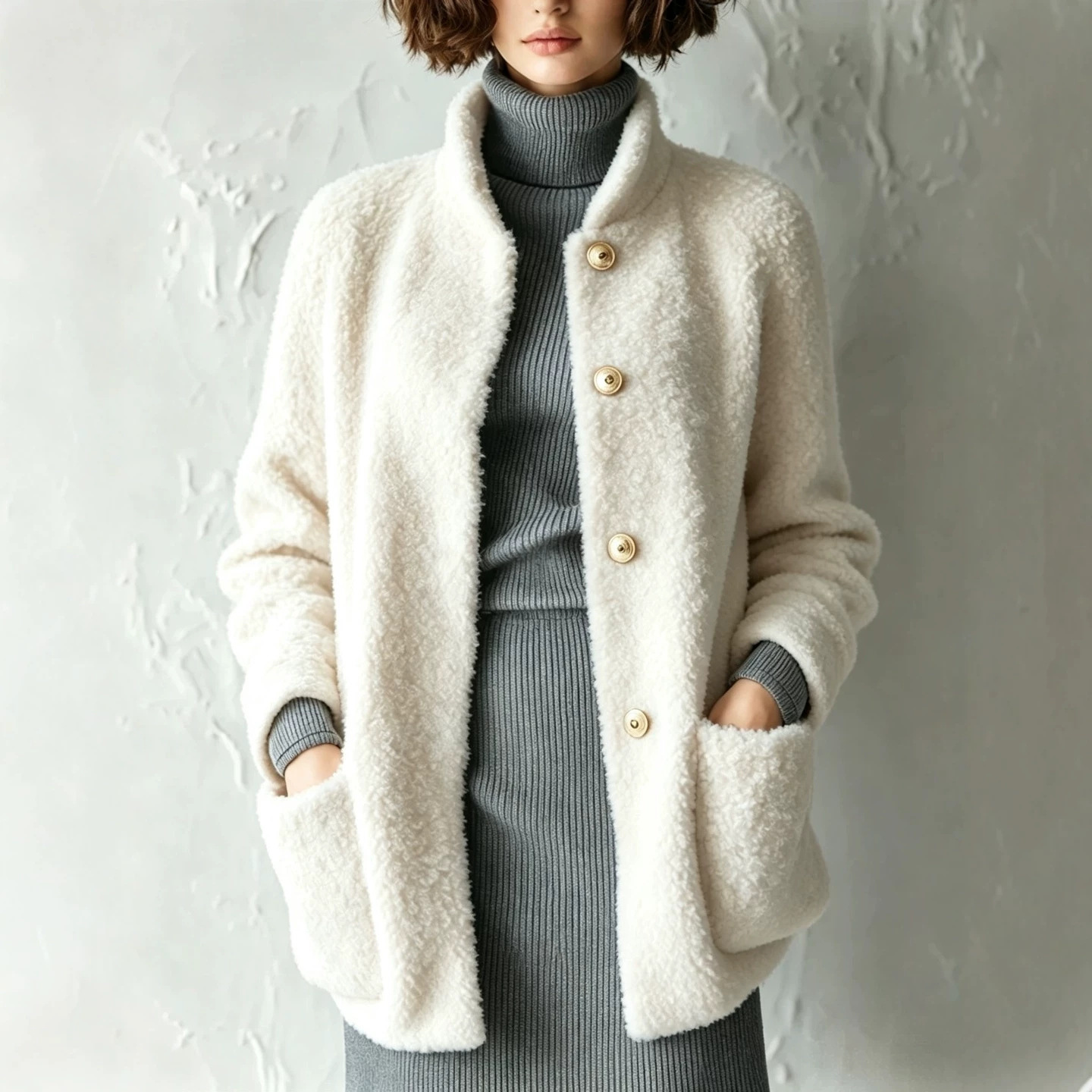 Women's Fuzzy Button-Up Cardigan Solid Color Loose Fit