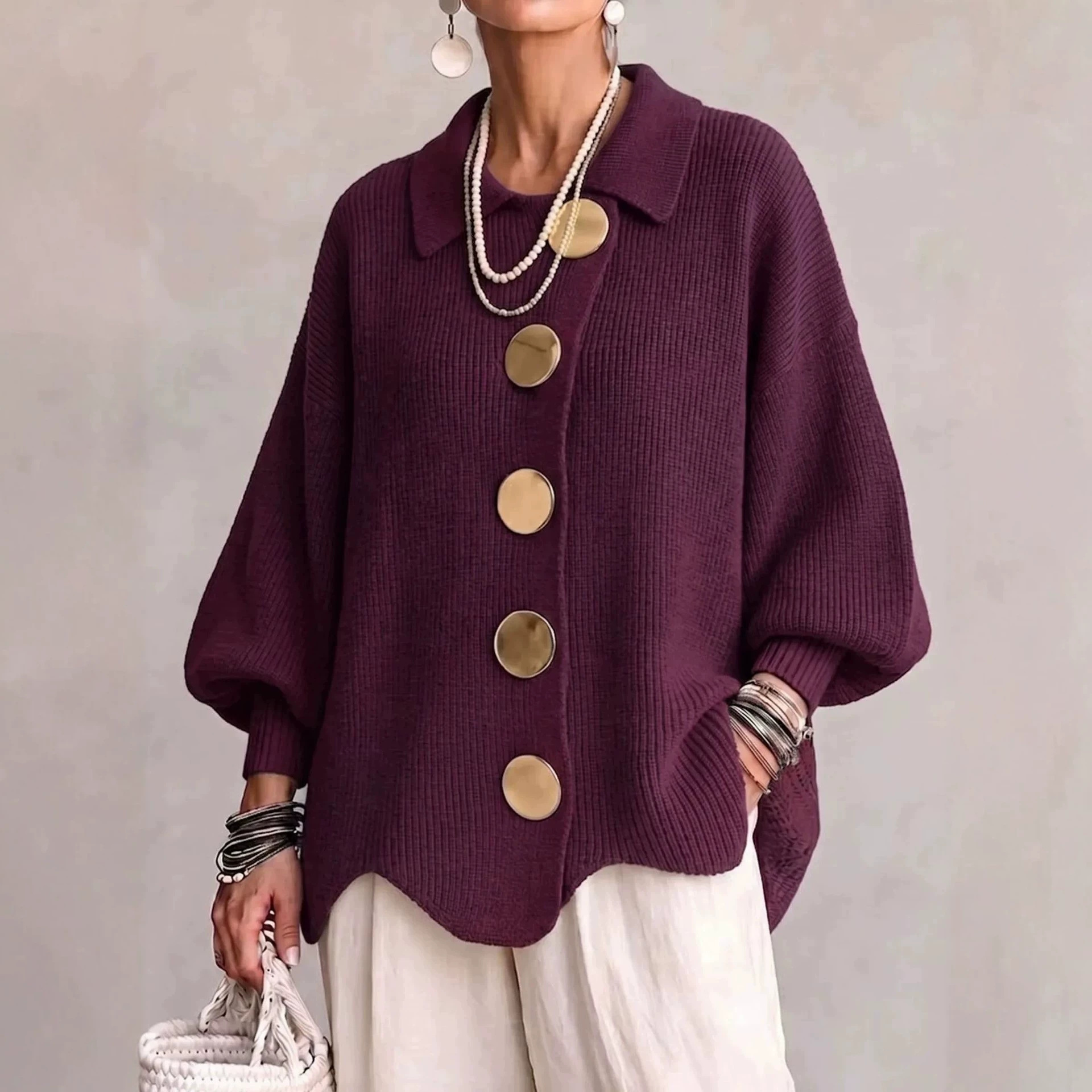 Button-Front Knit Collared Cardigan Sweater Coat