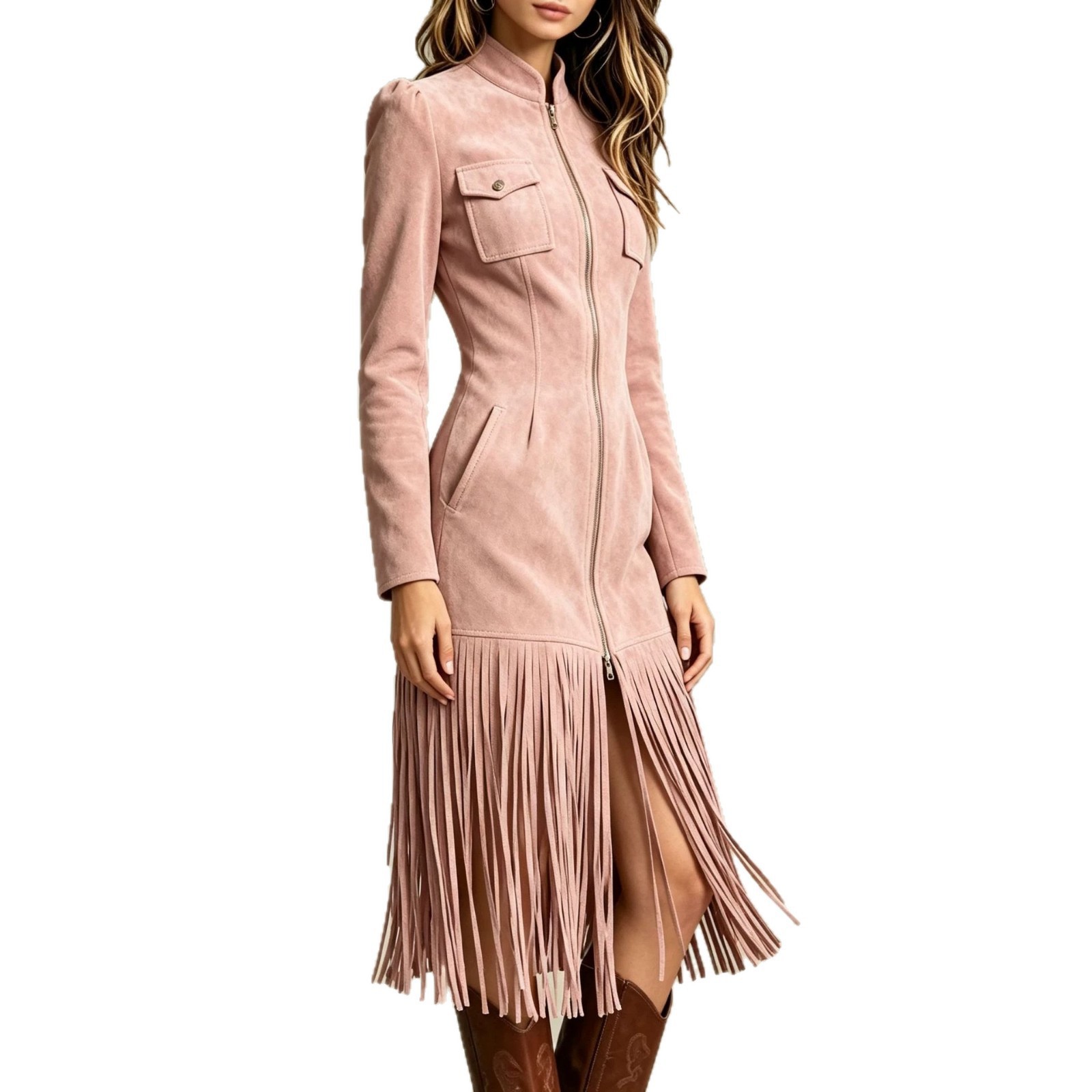 Retro Faux Suede Fringe Dress with Pockets and Zip Hem