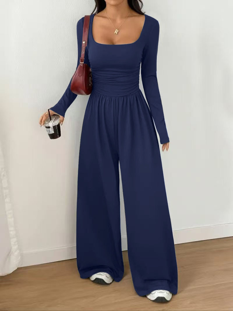 Women's Solid Color Long Sleeve Wide Leg Jumpsuit Casual Minimalist