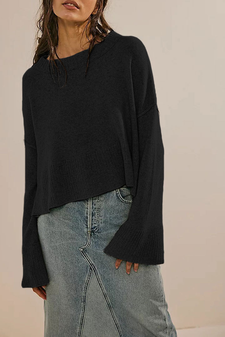 Solid Crewneck Bell Sleeve Knit Pullover Sweater