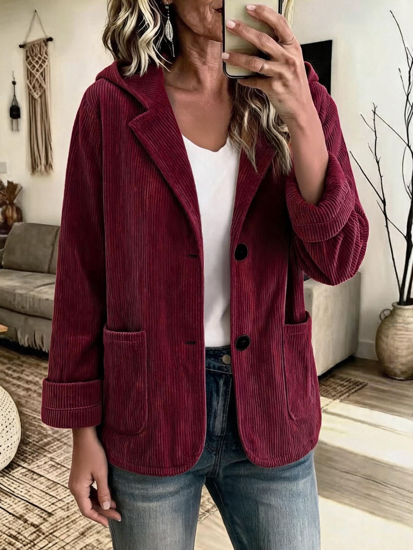 Corduroy Hooded Short Jacket with Lapel Collar