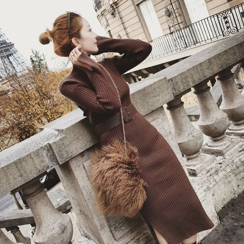 French Hepburn Style Cinched Waist Long Sleeve Black Dress