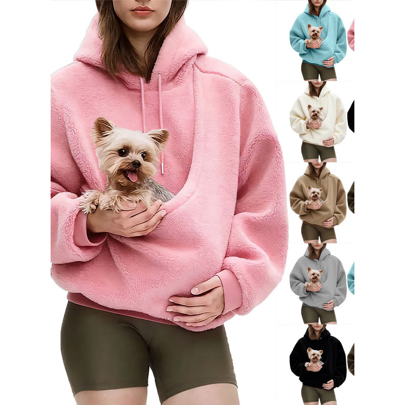 Solid Hooded Plush Pet Pouch Oversized Pullover Hoodie for Women
