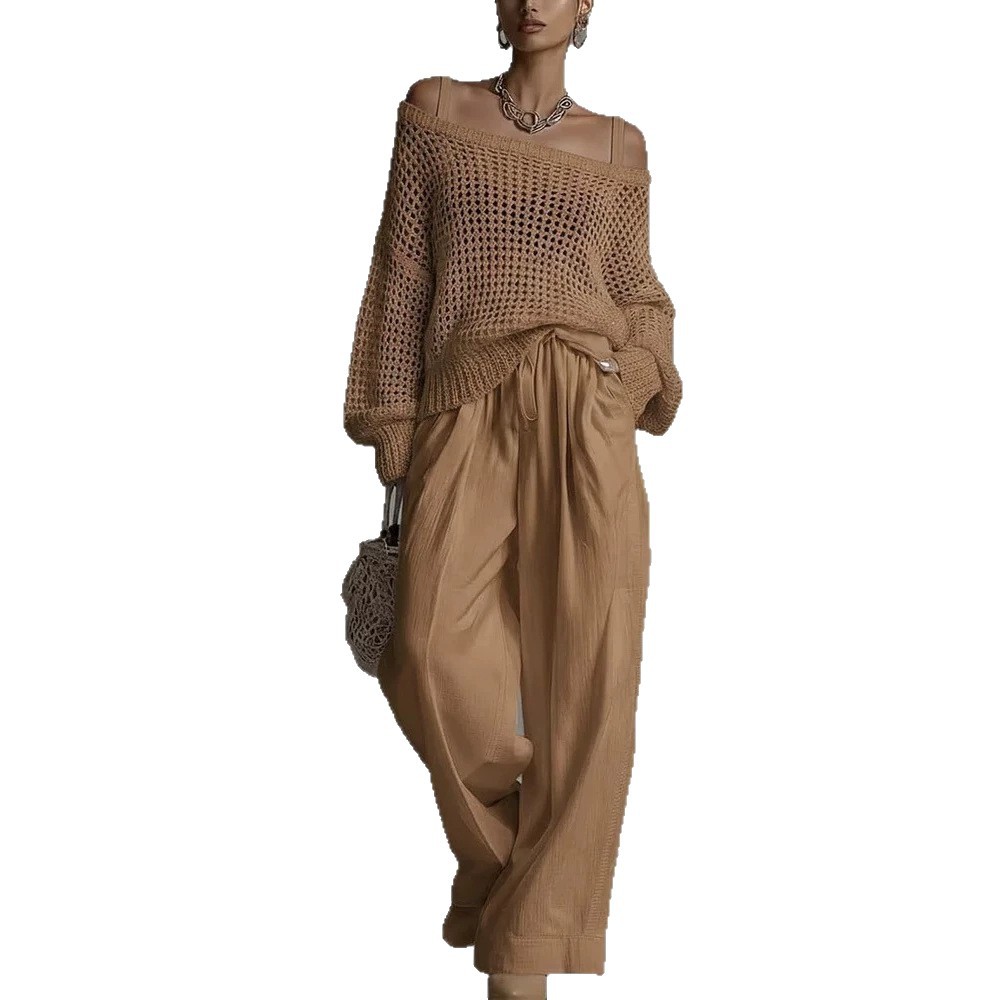 Women's Open-Knit Top and Cotton-Linen Pants Two-Piece Set