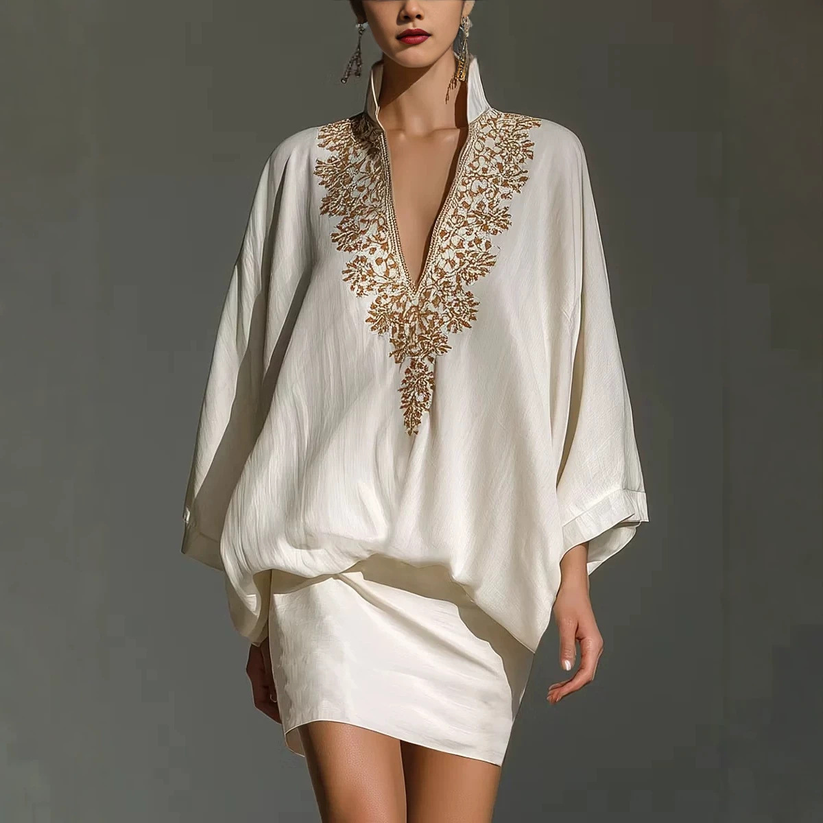 Vintage Gold Embroidered Stand Collar Batwing Sleeve Two-Piece Satin Mini Skirt Set