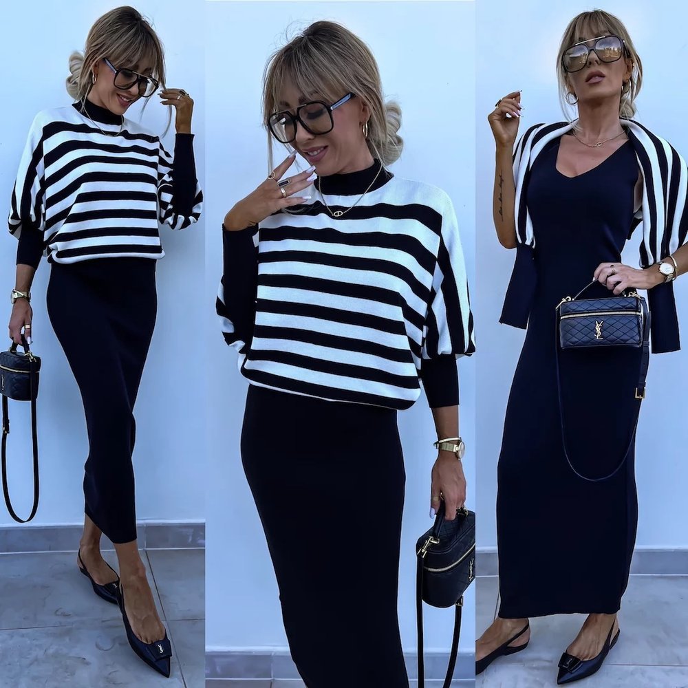 Striped Long-Sleeve Knit Two-Piece Dress Set