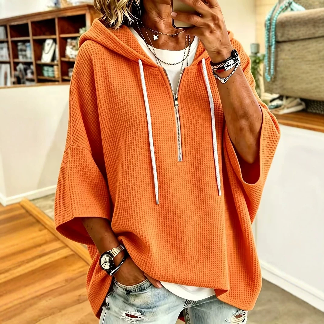 Women's Waffle Knit Zip-Up Hoodie Drawstring Loose Batwing Sweatshirt