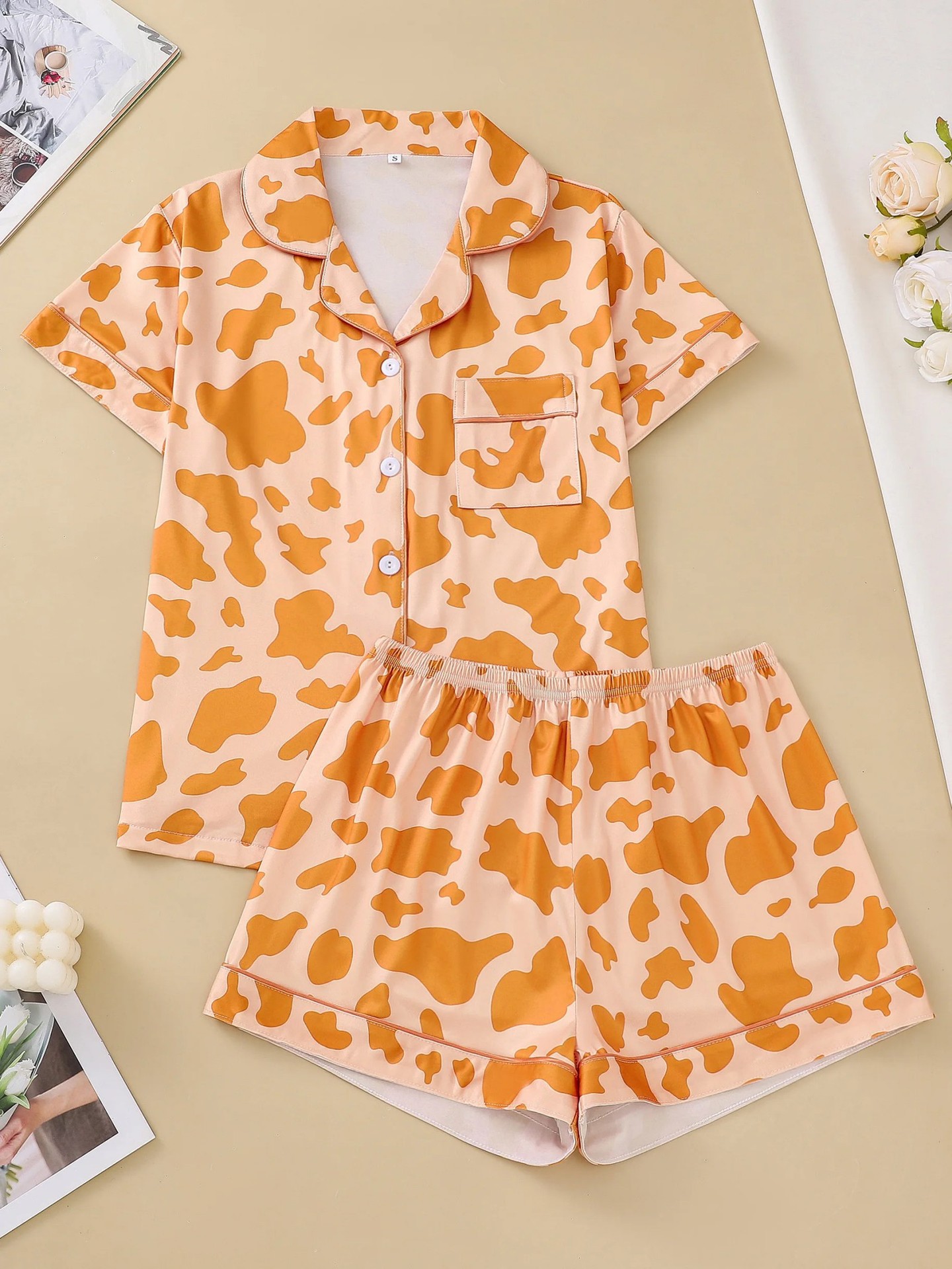Women's Cuban Collar Polka Dot Short Sleeve Shirt Set Casual Loungewear