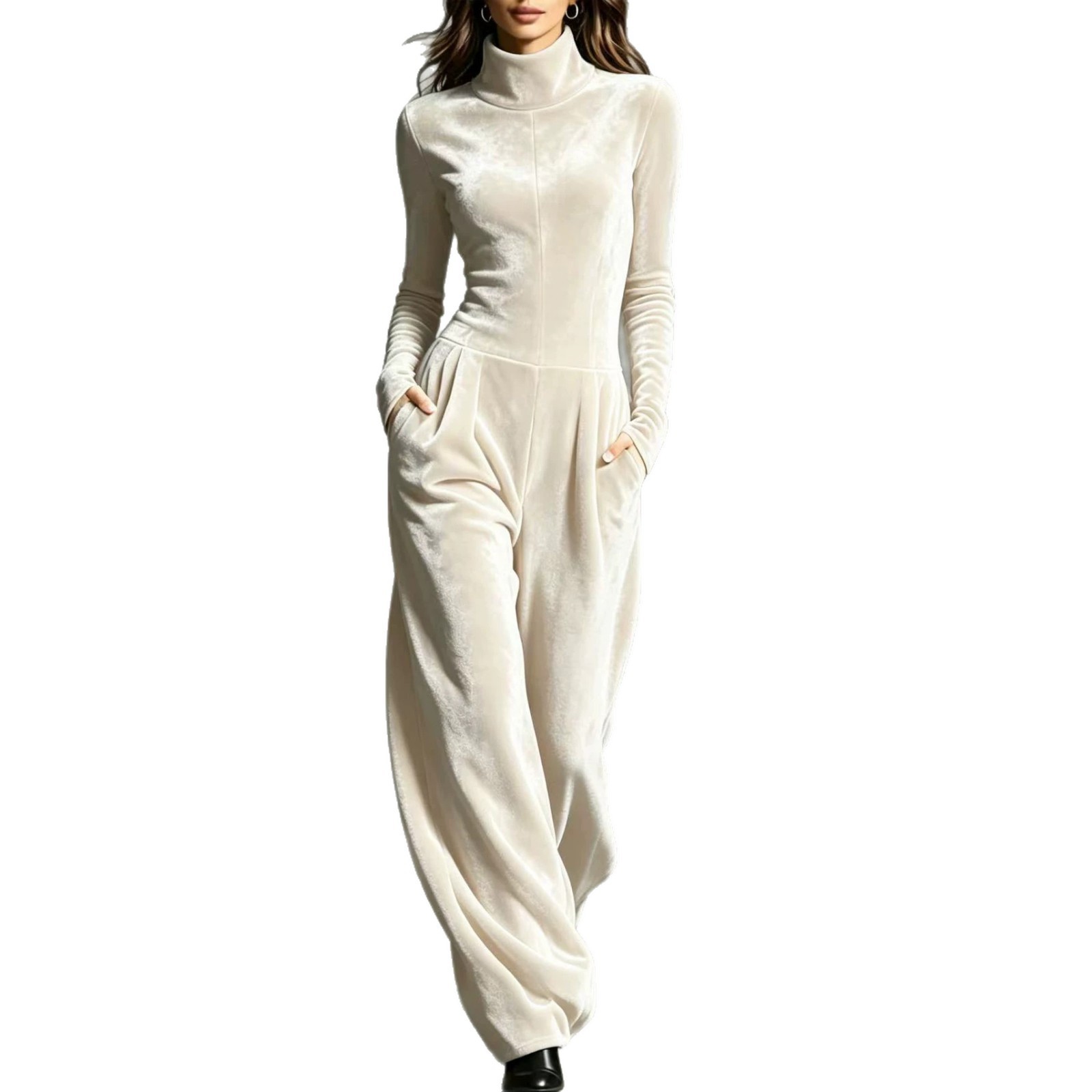Women's Turtleneck Solid Color Korean Velvet Long Sleeve Jumpsuit