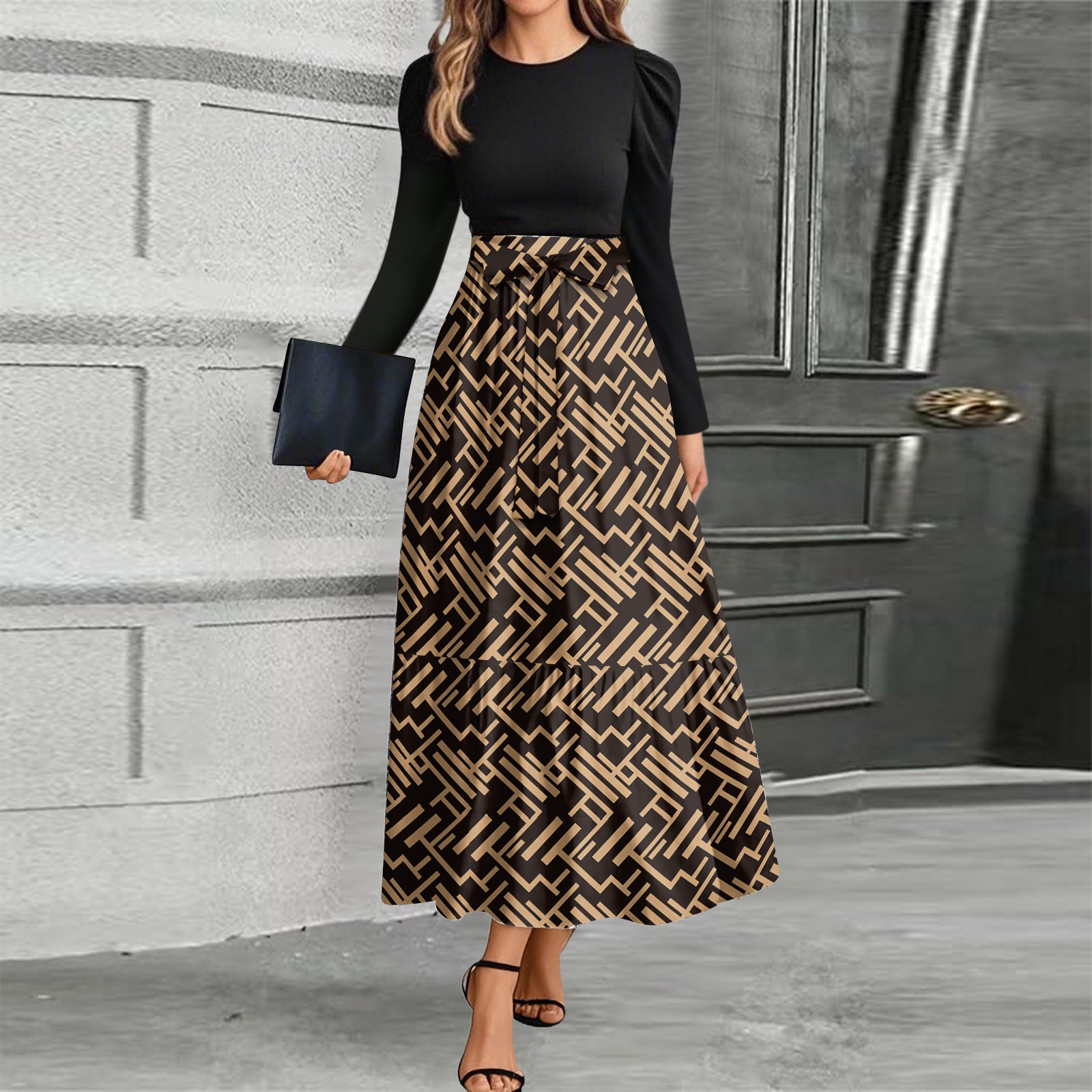 Women's Midi Dress Casual Elegant Long Sleeve High Waist Flowy Skirt