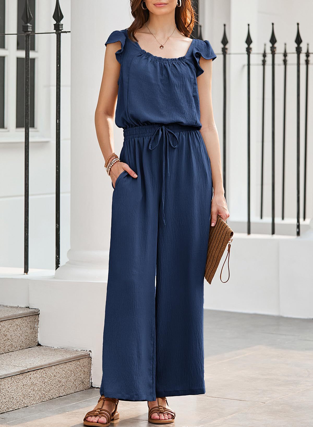 Women's Square Neck Sleeveless Ruched Jumpsuit with Pockets and Ruffle Sleeves