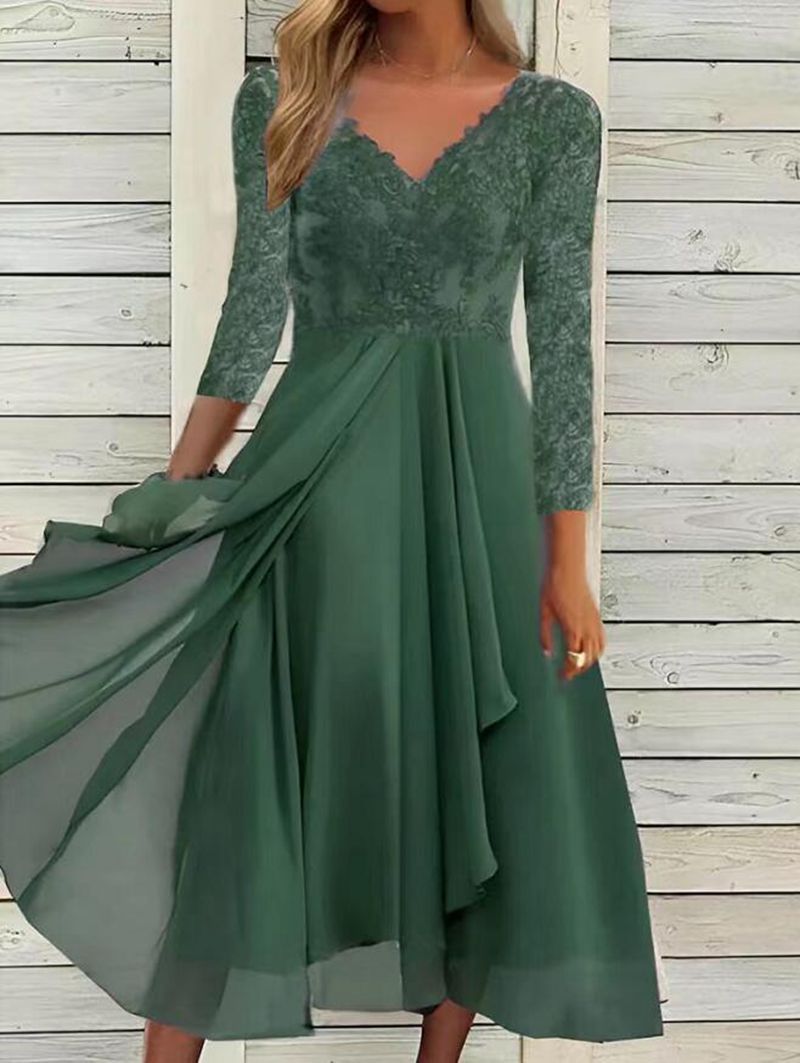 Long Sleeve Chiffon Lace V-Neck Cutout Bridesmaid Evening Maxi Dress